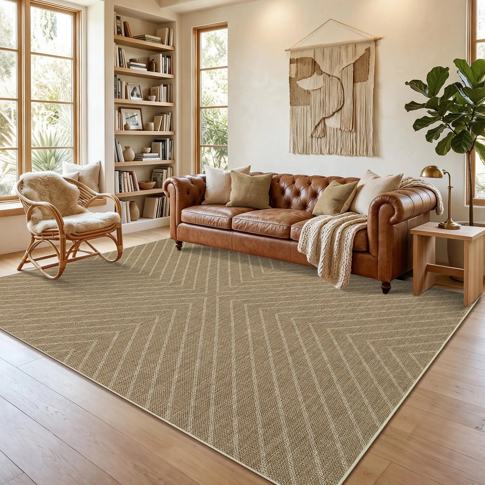 Striped Area Rug Jute Look Washable Non Slip Polyester Carpet for Patio Kitchen Entryway Modern Farmhouse Indoor Outdoor Living Decor