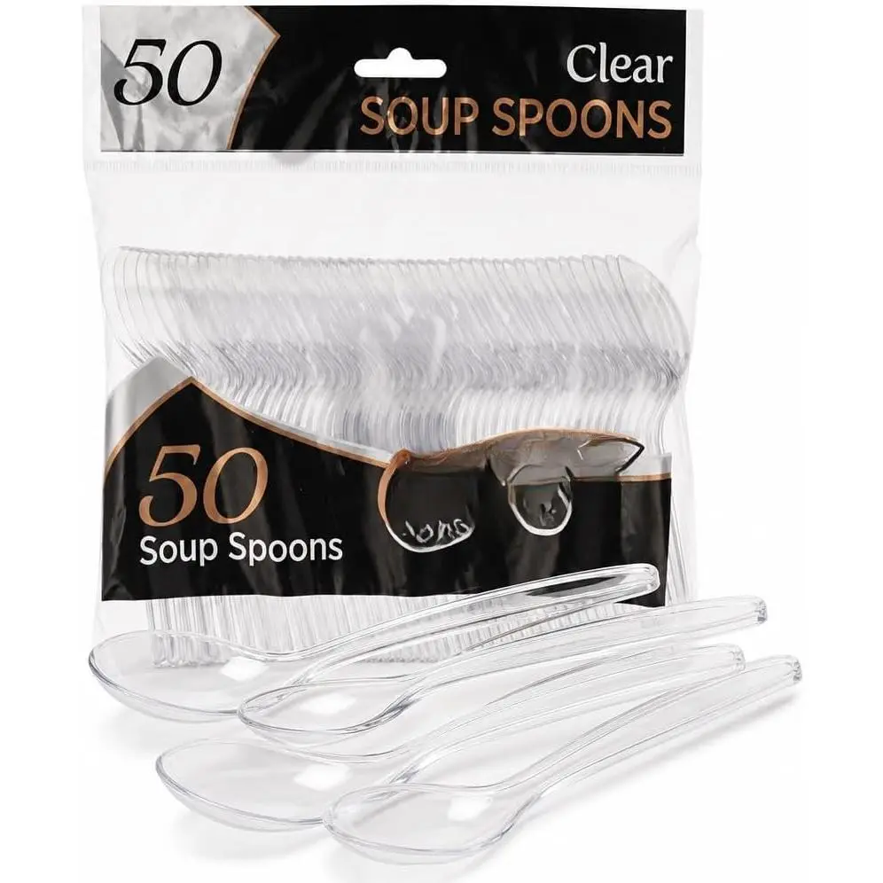 Clear Plastic Soup Spoons Heavy Duty Disposable, 50 Count | Deep bowl for soups, stews, ramen & cereal;   look for parties, weddings, catering & takeout