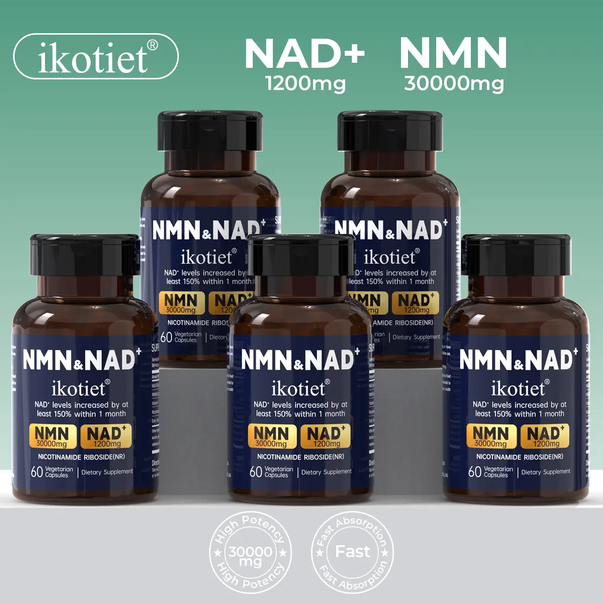 IKOTIET 150 Days 5-Bottle Pack 300 capsules All-In-One NAD+/NMN Anti-Aging Supplement — 300mg Nicotinamide |  Cellular Energy, Skin Health, Brain & Muscle Function — 1 Capsule Daily | 1 Bottle + 1 Trial Pack essential, Skin Care, Gluten Free, Ceramides
