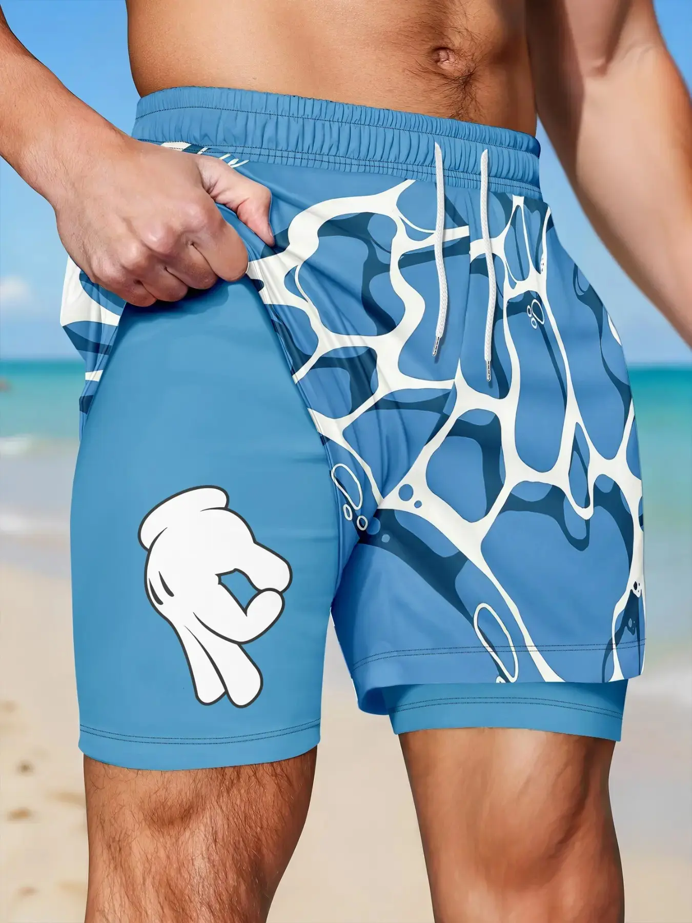 Men's Dual-Layer Anti-Abraided Swim Trunks, Blue Wave Bubble Print, Quick-Dry Drawstring Waist, Beach Surf Shorts, Casual All-Season Wear