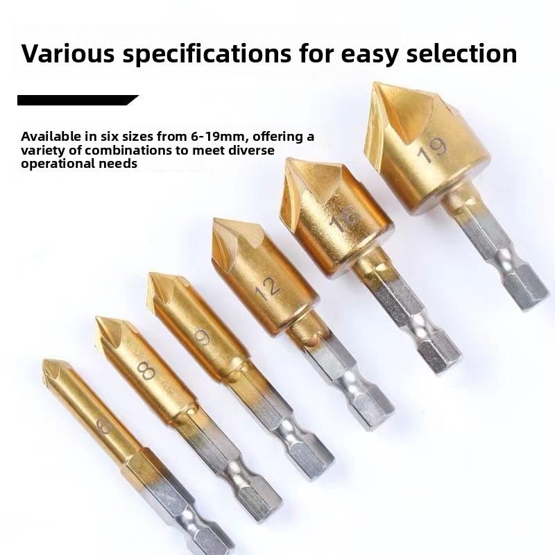 Six-piece woodworking chamfering tool set, five-blade chamfering knife, wood countersink drill, deburring tool, woodworking hole opener set