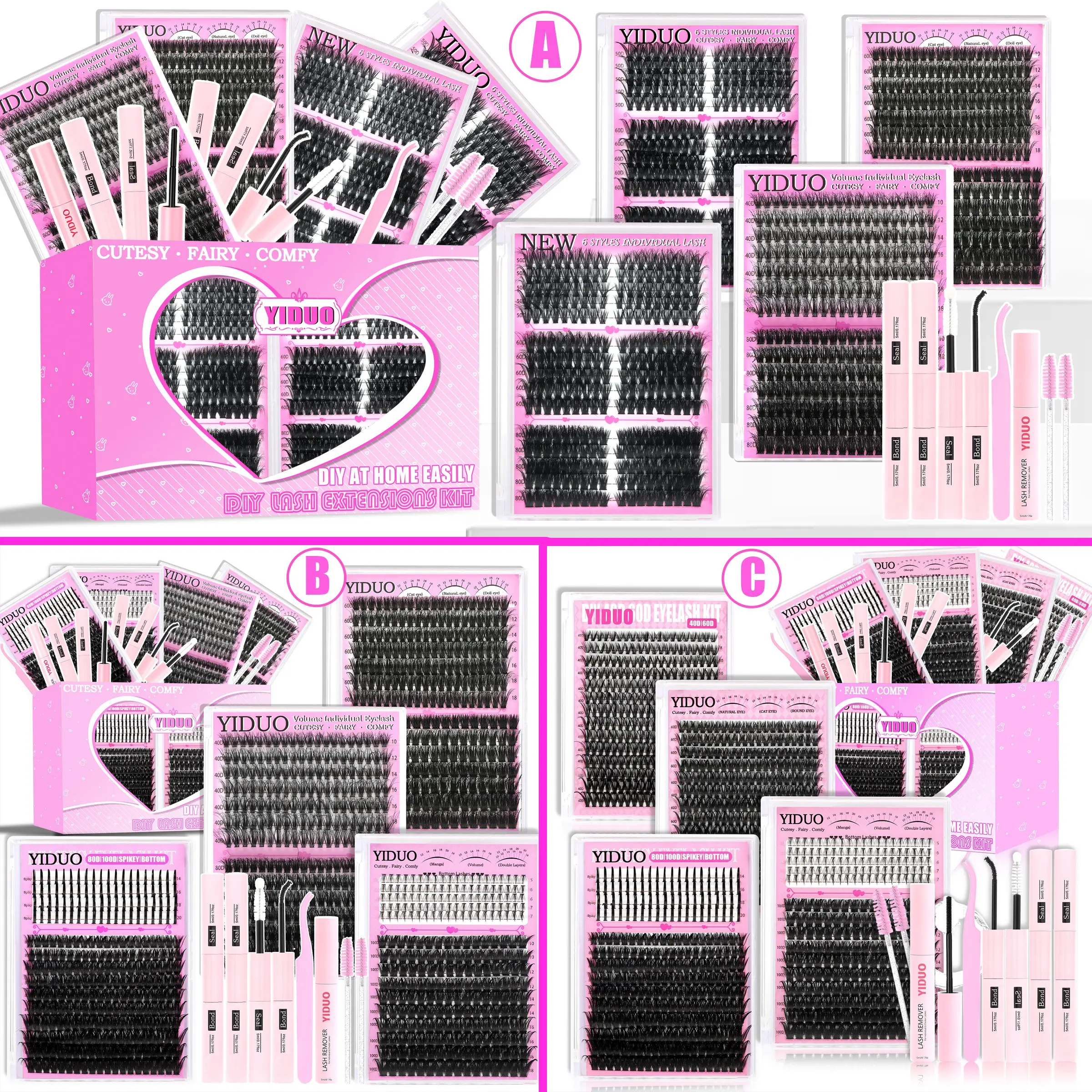 YIDUO 6/8/10 Styles Cluster Eyelashes Kit, Diy Volume Eyelashes, 40D/50D/60D Volume Lashes Clusters 10-18mm Extensions 1086 Pcs D-Curl With Lash Bond and Seal*2, Lash Remover, Lash Tweezers, Eyelash Brush, Longer Lashes