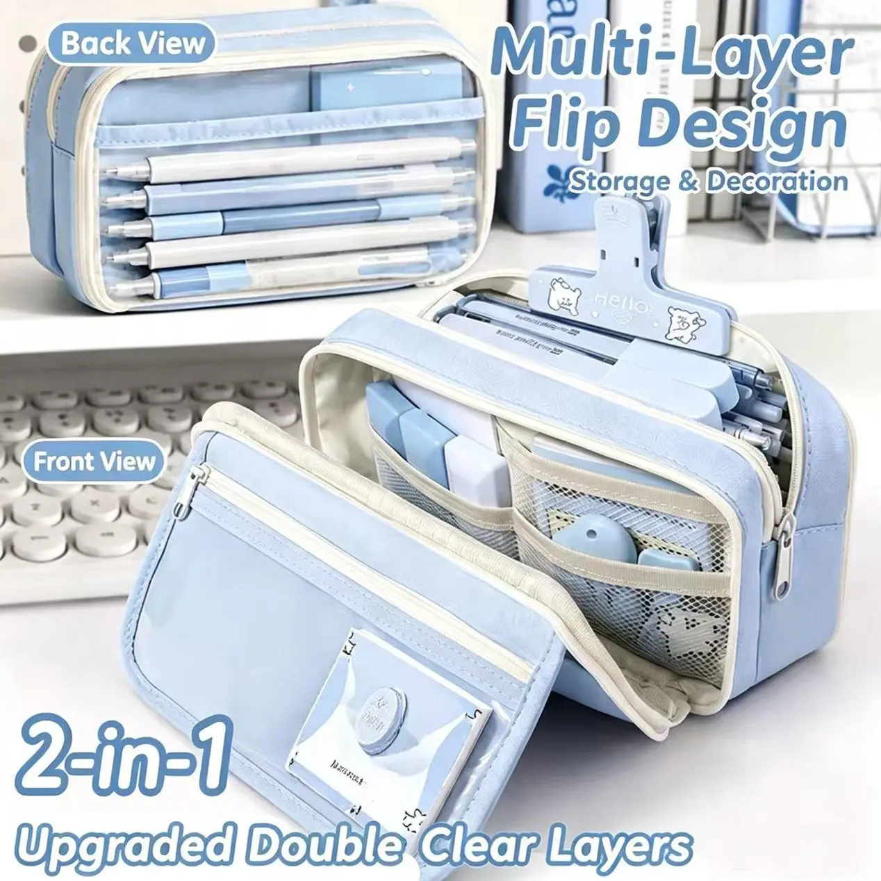 13-Layer Foldable Pen Case, Dual Transparent Layers, Large Capacity, Storage, Cute Girl Style, Includes Stickers and Markers, Ideal for Students