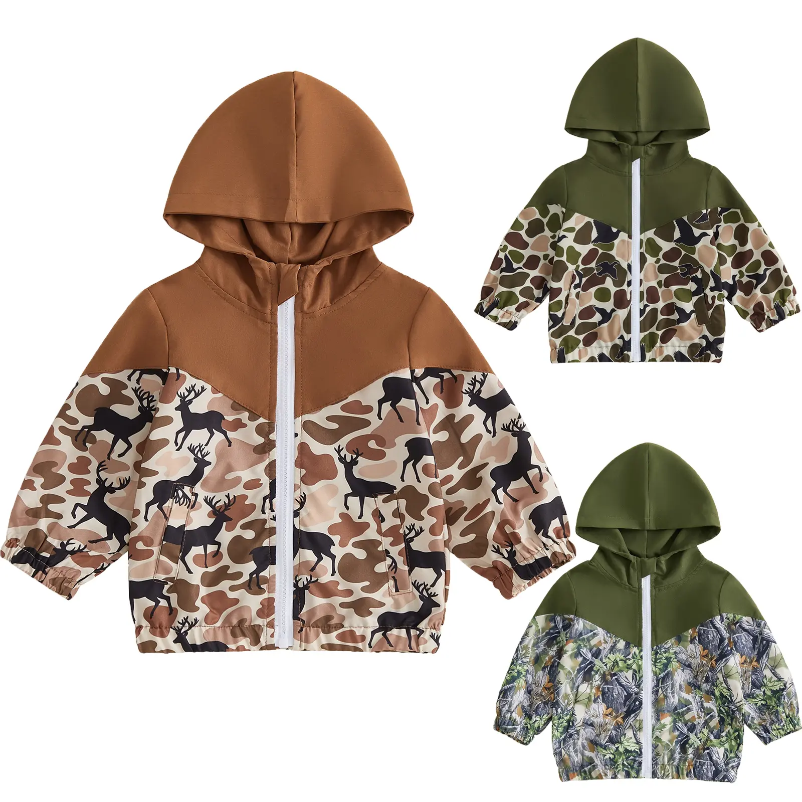 Babamoon Toddler Baby Boys Hooded Jacket Coat, Mallard Duck & Deer Camouflage Patchwork Sleeve, Long Sleeve Zip-Up Fall Outwear, Wild Hunting Clothes (6M-4T)