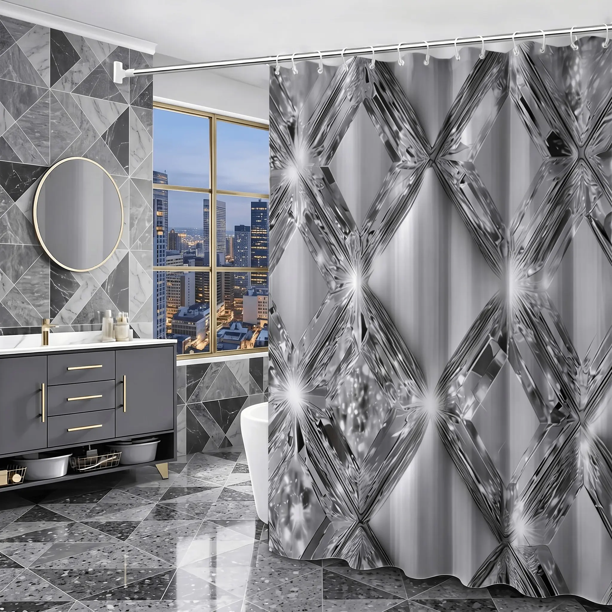 1pcs Luxury Silver Color Diamond Crystal Sparkle Decorative Shower Curtain, Geometric Metallic Glam, Bath Decor for Modern Bathroom, Holiday & Party Backdrop