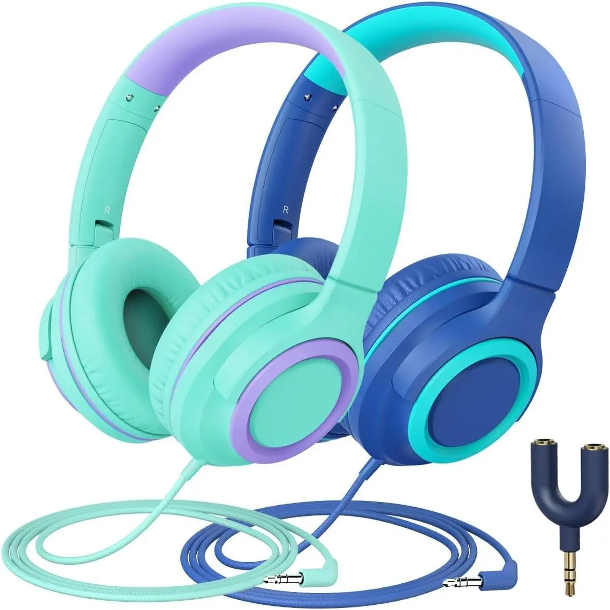 2Pack  Headphones with Sharing Splitter - 85dBA Safe Volume Limited - HS22 Wired Headphones for  Teens, -Free 3.5mm Jack Foldable Stereo for School/Tablet/Travel