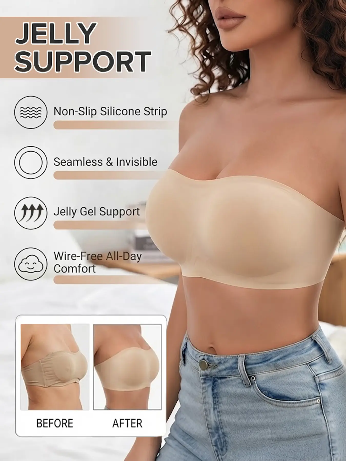 Jelly Gel Bra for Women, Seamless Strapless Push-Up Bra, Full Coverage, Medium Support, Lined, Casual Style, Everyday, All Seasons