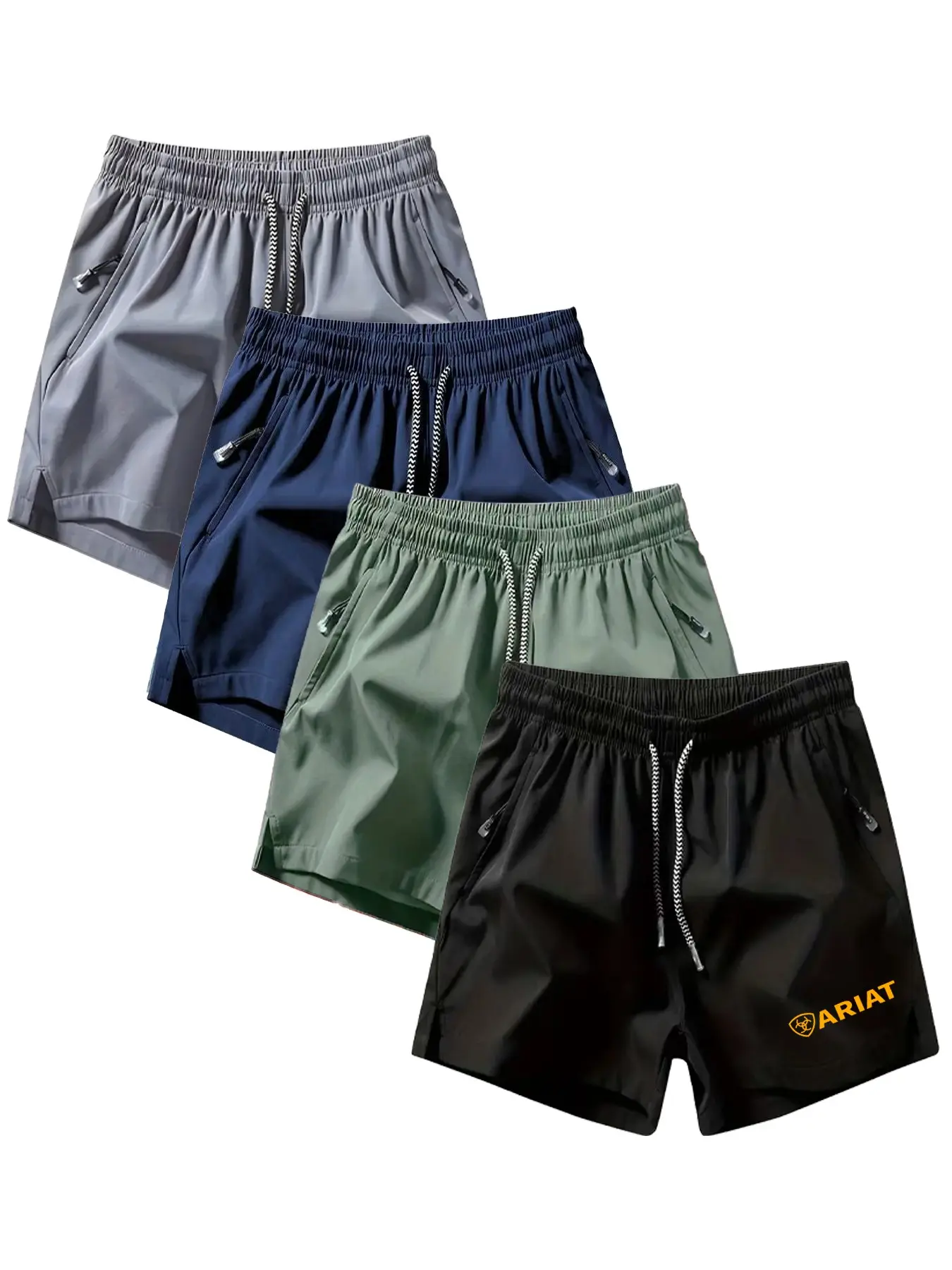 Men's Summer Logo Quick-Dry Sport Shorts, Drawstring Zipper Pockets, Slim-Fit, Breathable, Outdoor Training, Casual Wear