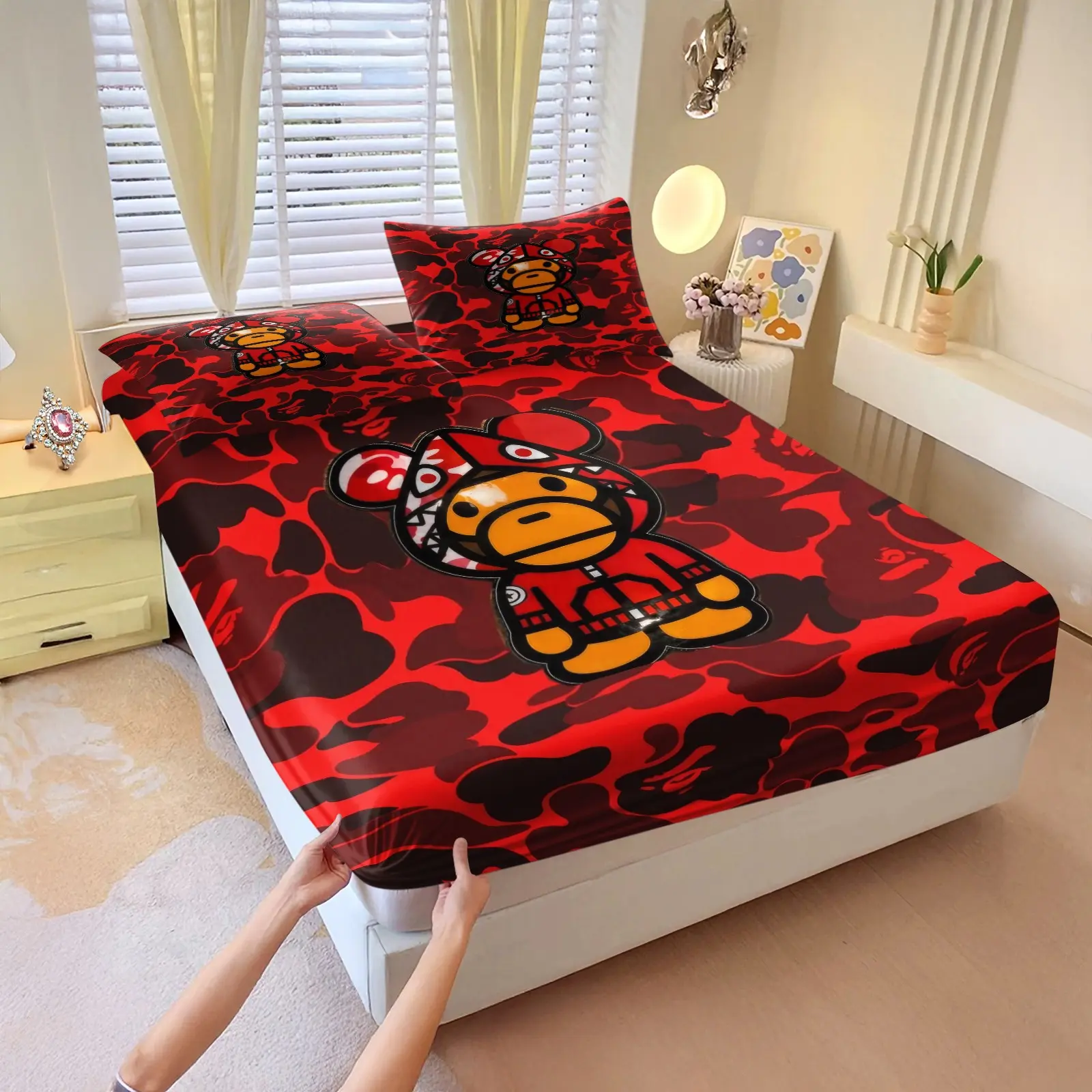Red Camo Monkey Pattern Fitted Sheet Set, 3Pcs Hip‑Hop Fashion Bedding Set, Deep Pocket Mattress Cover, Trendy Urban Style Bed Sheet with 2 Matching Pillowcases, for Teen Dorm Bedroom Home Decor, Comfy Bed Sets
