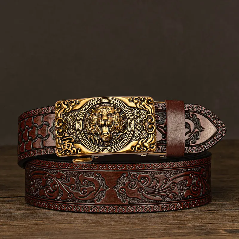 Men's Genuine Leather 2-Layer Cowhide Automatic Buckle Male Belt - Male Wear, Ethnic Style, Arabesque Print, Chinese Zodiac Animals, Casual Use