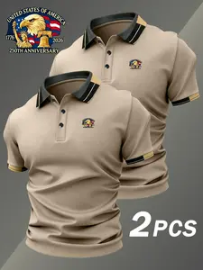 Two-Pack Men's Polo Shirts, Usa Independence Day Print, Elastic Casual Breathable, All-Season Comfort, High-Quality Durable