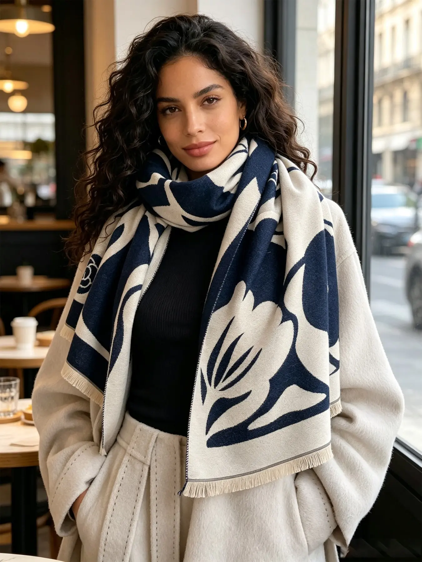 Buttery Soft Imitation Cashmere Shawl, Burgundy Camellia Floral Design, 185x65cm Reversible Tassel Scarf, Cozy Warm Wrap for Women