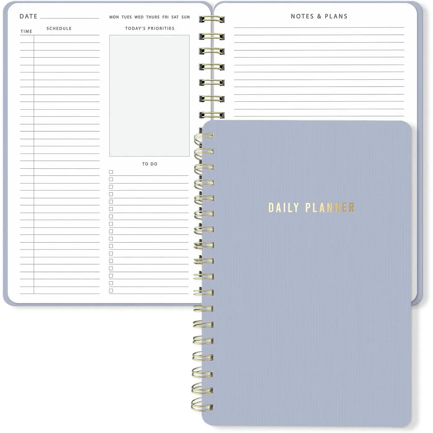 Daily Planner Notebook – Undated Two-Page Daily Layout with Hourly Schedule, To-Do List, Priorities, and Notes – 6.5" x 9.5" Spiral Bound Productivity Organizer – 160 Pages