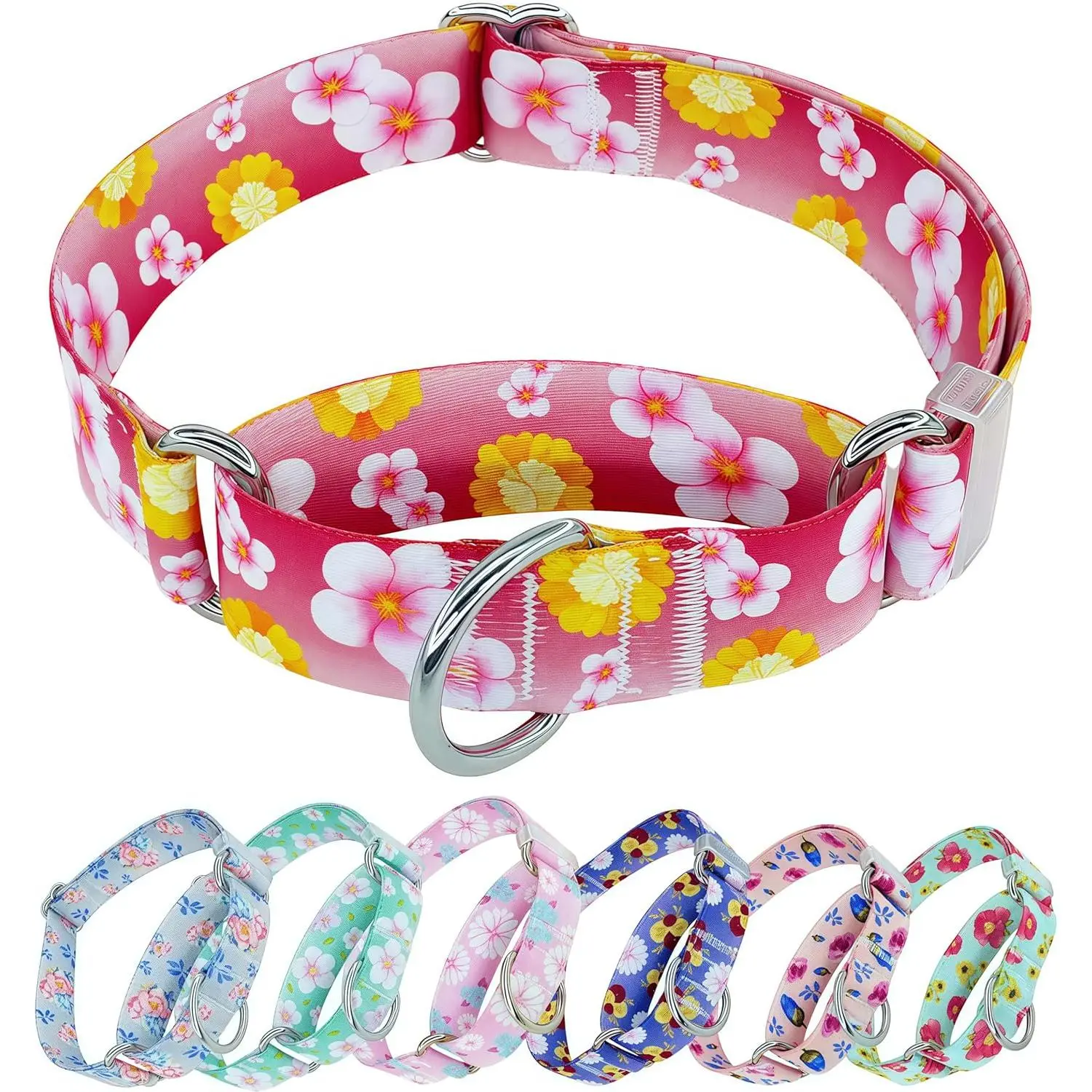 Martingale Collar for Dogs, Adjustable Soft Nylon Training Collars with No Buckle, Floral Pattern No Pull Martingale Collars for Large Dogs (1" Width L)
