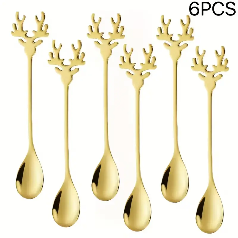 6pcs Christmas Tableware，Stainless Steel Luxury Deer Head Coffee Spoon Set, Christmas Tableware, Dessert Spoons, Stirring Spoons, Elegant Kitchen Accessories