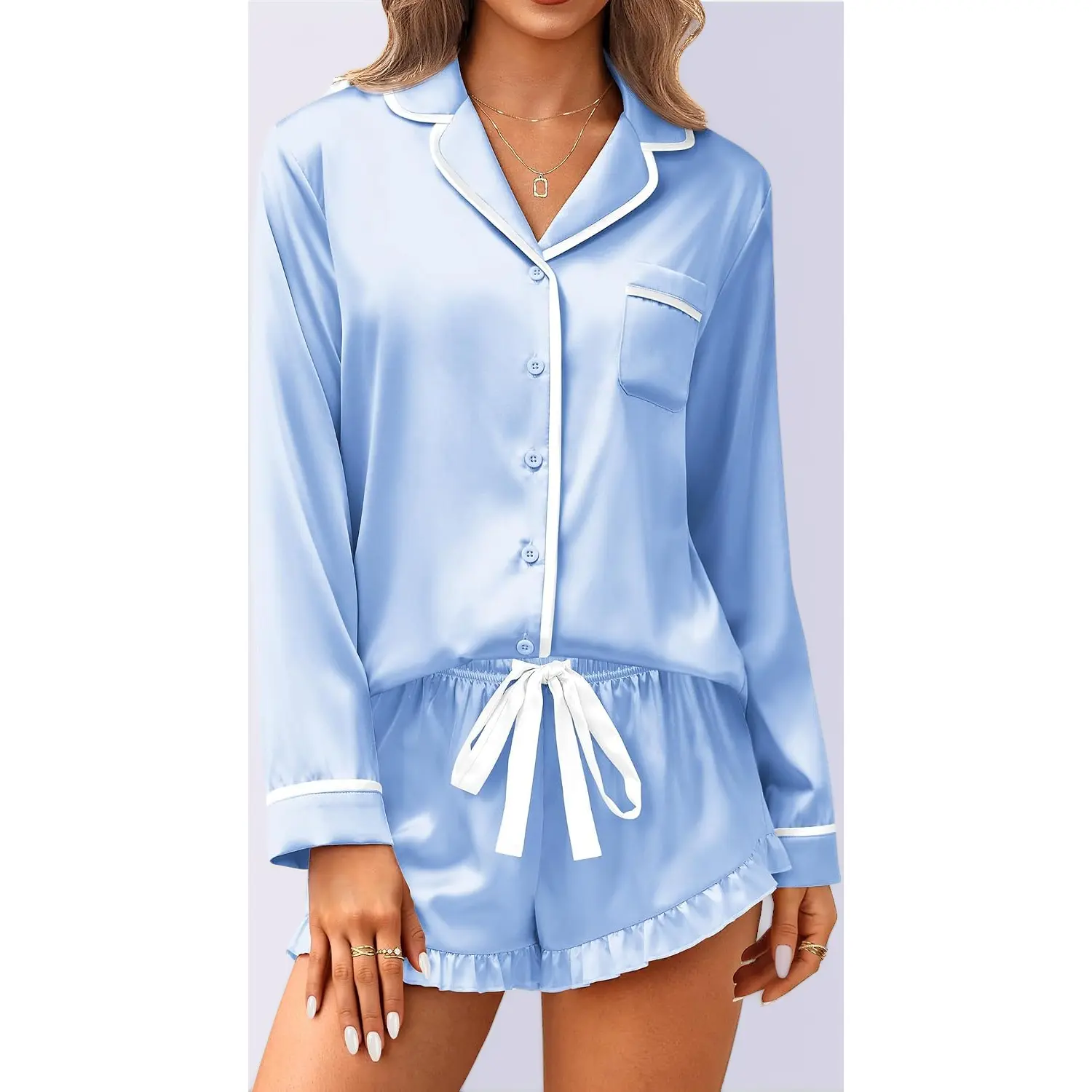 Women's 2-Piece Silk Satin Pajama Set - Long-Sleeve Button-Down Top with Ruffle Shorts Loungewear
