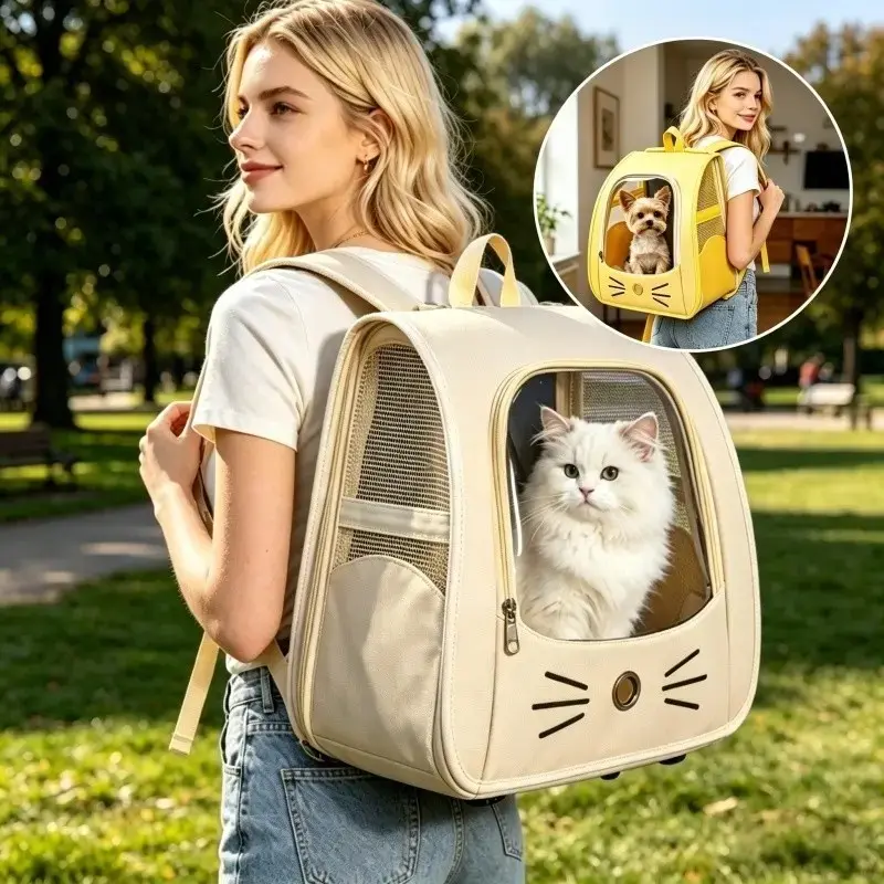 Transparent Bubble Window Cat Face Design Pet Backpack, Wide Strap Foldable Breathable Portable Dog Bag, Ideal for Festive Occasions, Comfortable Travel Essential, Outdoor Animal Carrier, Puppy Carrier