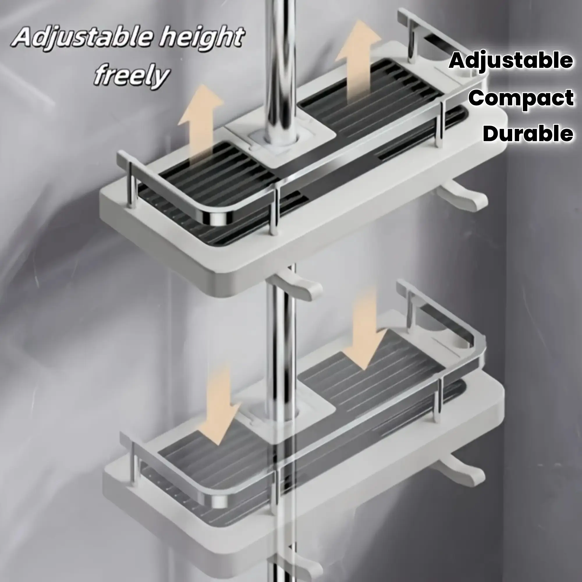 Adjustable No-Drill Shower Rack with Stainless Steel Handle and Hook, Wall-Mounted Bathroom Storage Shelf, Space-Saving Plastic Design