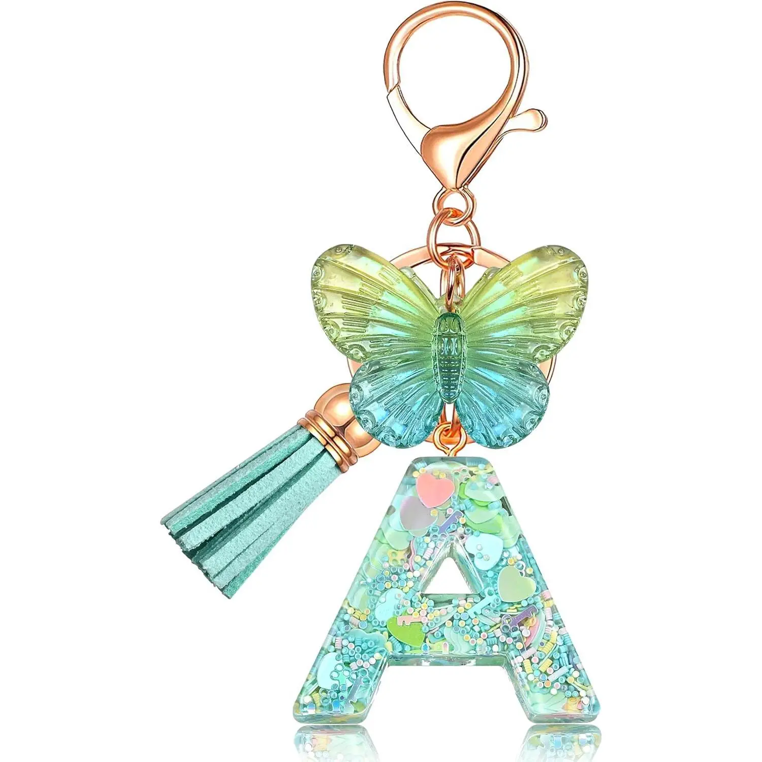JINGUAZI Initial letter Keychains for Women Tassel Butterfly Pink Purple Cute Car Keychain for Wallet Backpack bag charm