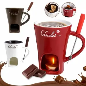 Ceramic Ice Cream Cup with Wooden Fork - 1-Set Heat-Resistant Coffee Mug with Handle, Chocolate & Beverage Drinkware for Home Kitchen, Party Gift Option