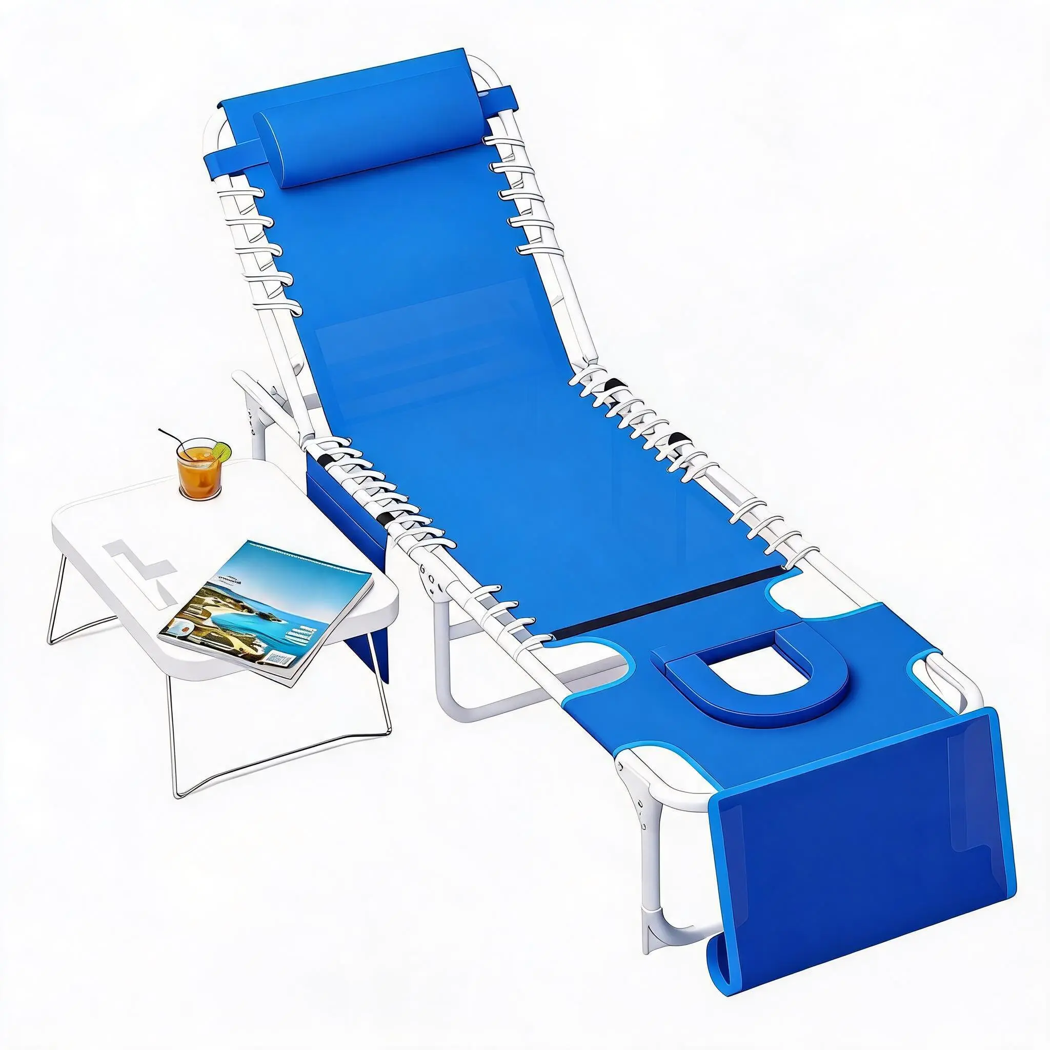 3-in-1 Outdoor Sun Lounger Chair with Face & Arm Hole – 5-Position Adjustable Recliner – Removable Pillow & Portable Folding Table – Heavy Duty Tanning Chair, Max 330lbs – For Beach, Pool, Patio, Camping – Navy Blue, Outdoor Seating Solutions, Rugged Outd