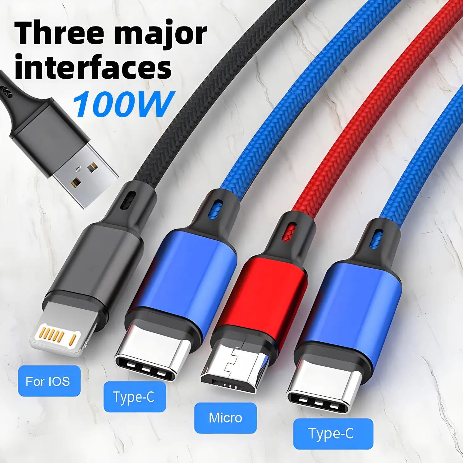 1 Piece Braided Durable 1-To-4 Fast Charging Cable, 100w USB to Dual Type-C, iOS, Micro Interface, Universal Charger Data Cable for Home Travel