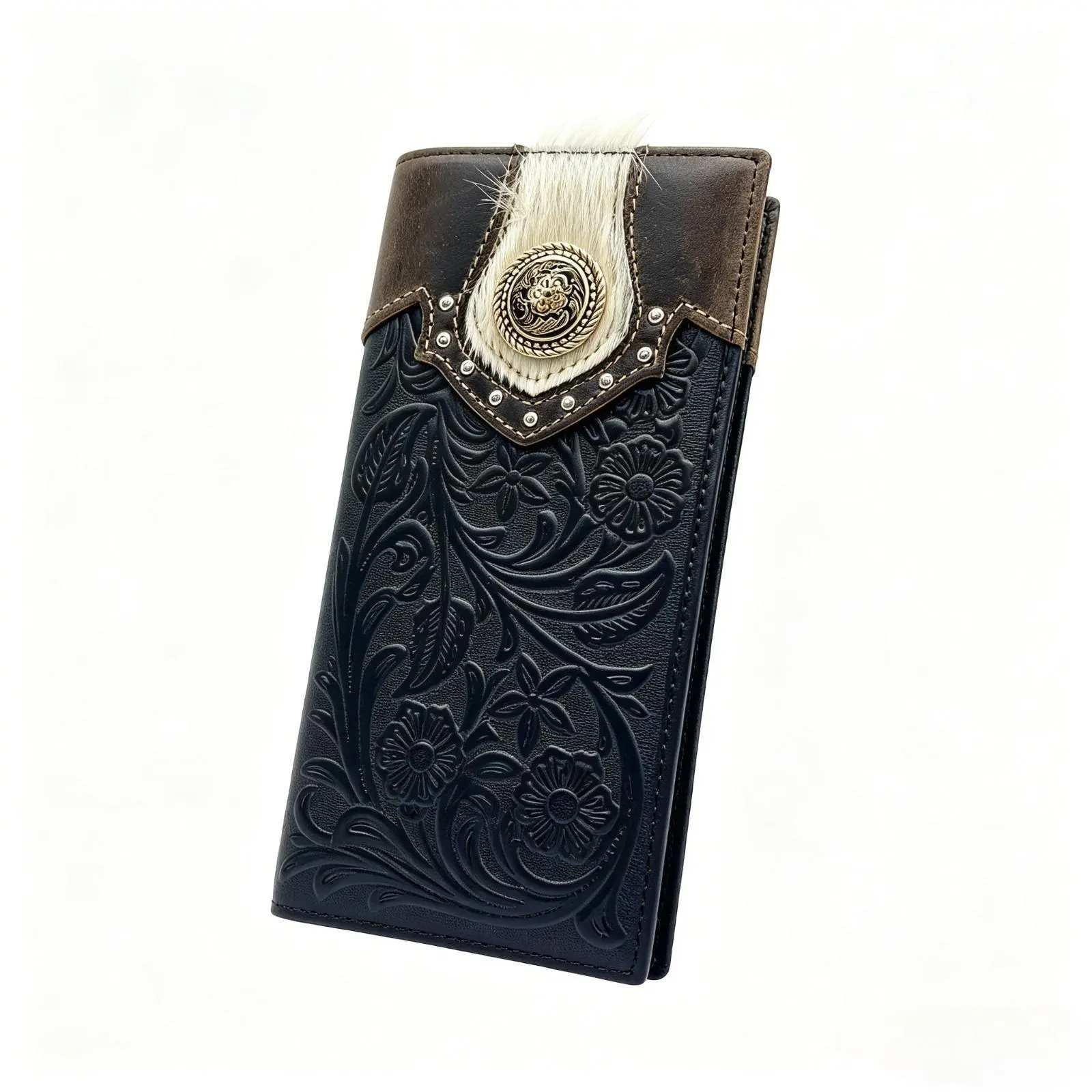 Vintage Tooled Leather Long Men Wallet Western Floral Embossed Cowhide Purse with Metal Concho Multi Card Slots For Daily Commute Western Style Outfit
