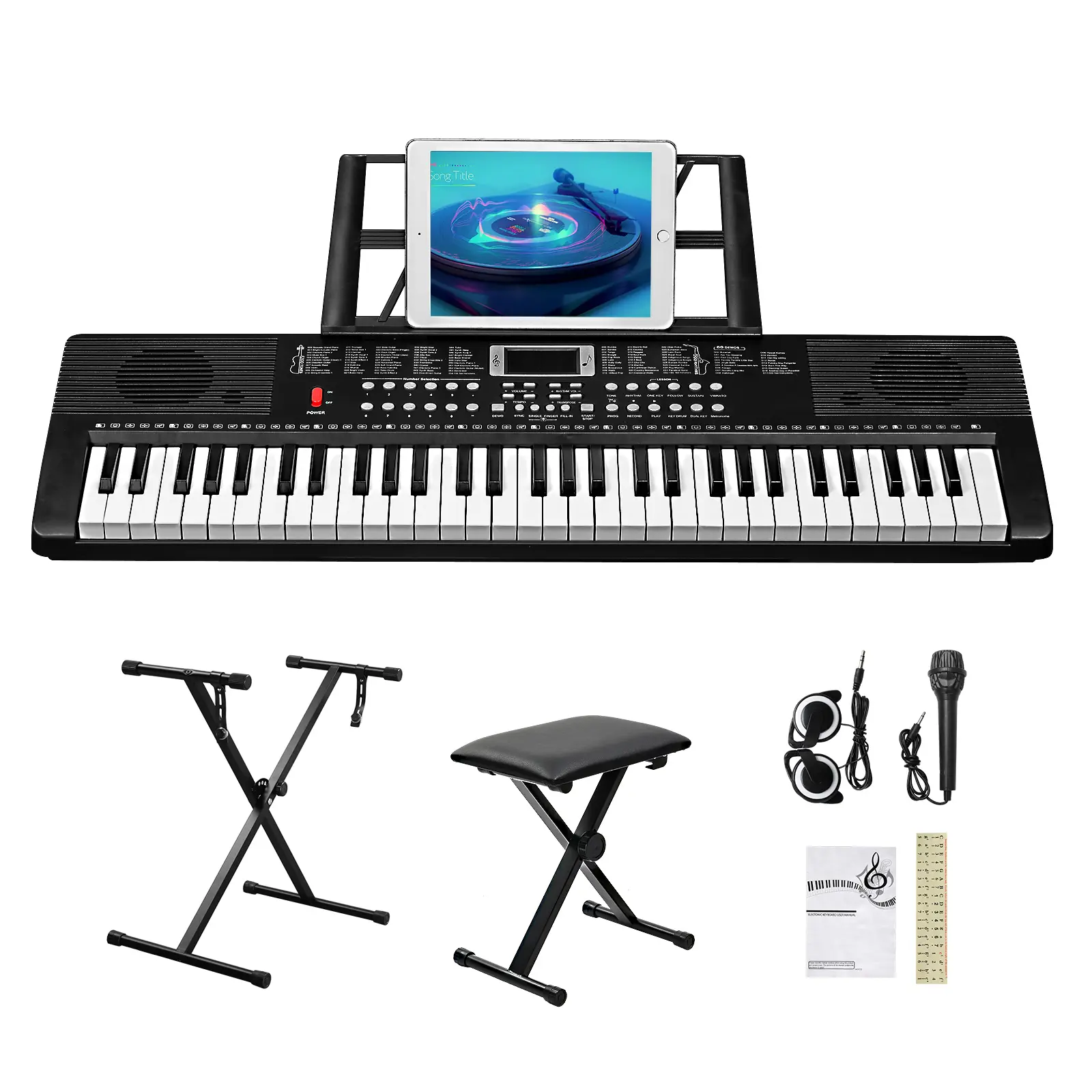 61-Key Portable Electronic Piano Keyboard for Beginners - Music Learning Set with Piano Stand, Bench, Built-In Speakers, Headphone, Microphone, Teaching Modes
