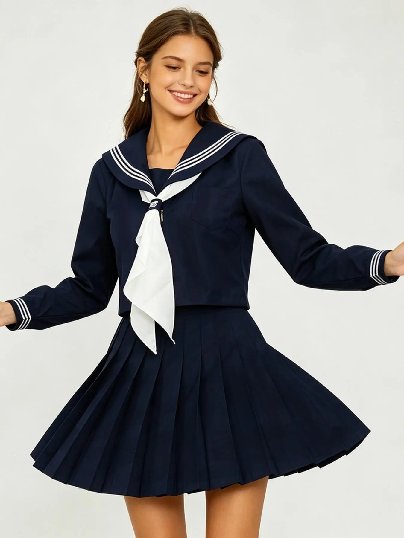 Classic Sailor Uniform Set, Short Navy Collar Long Sleeve + High Waist Blue Pleated Skirt, Cosplay, Daily Wear, Photo, Costumes, Clothes