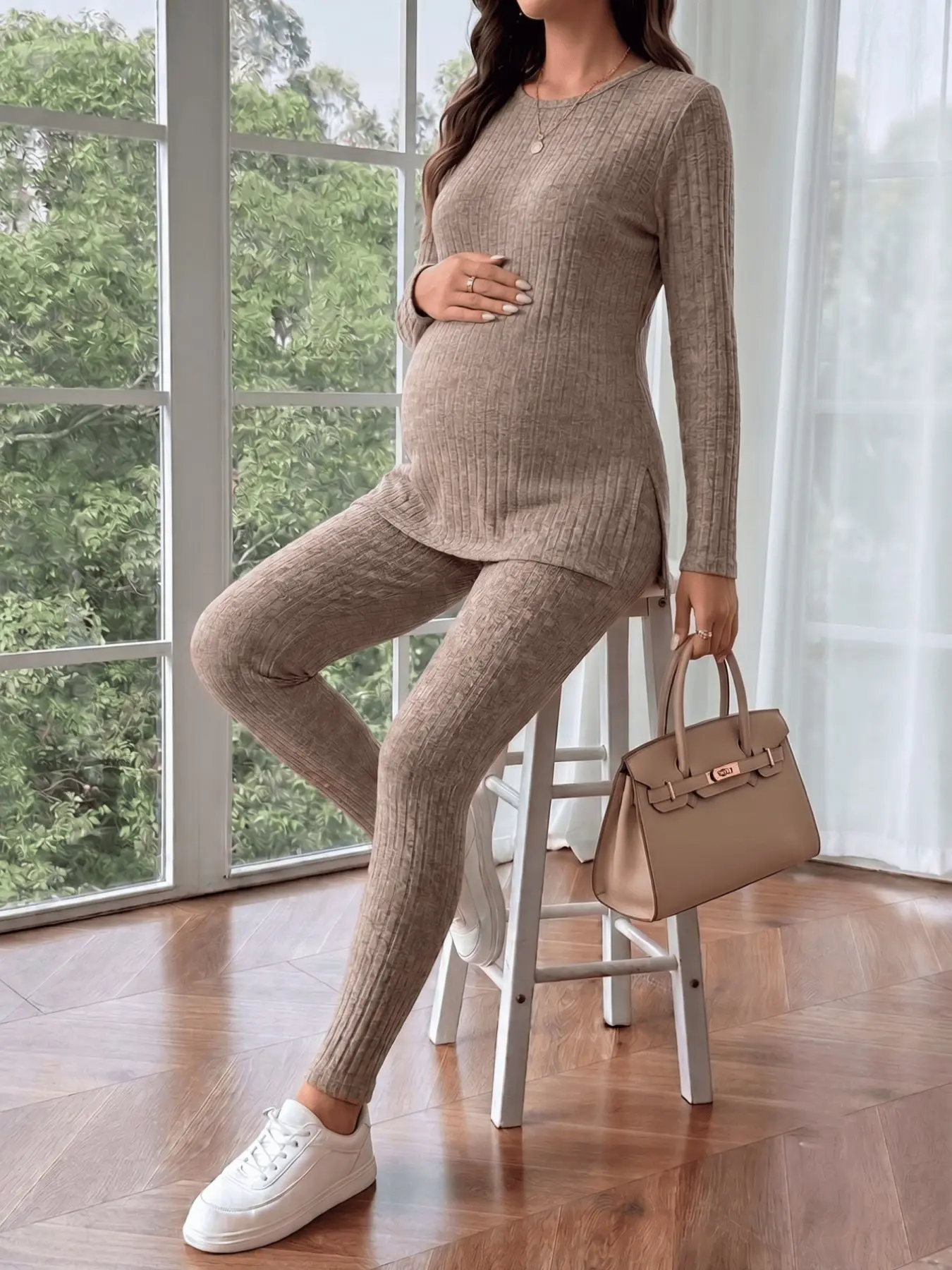 2‑Piece Set, Maternity Knitted Long‑Pants & Long‑Sleeve Top, Autumn‑Winter Women's Loungewear, Casual Sports Comfortable Maternity Outfit