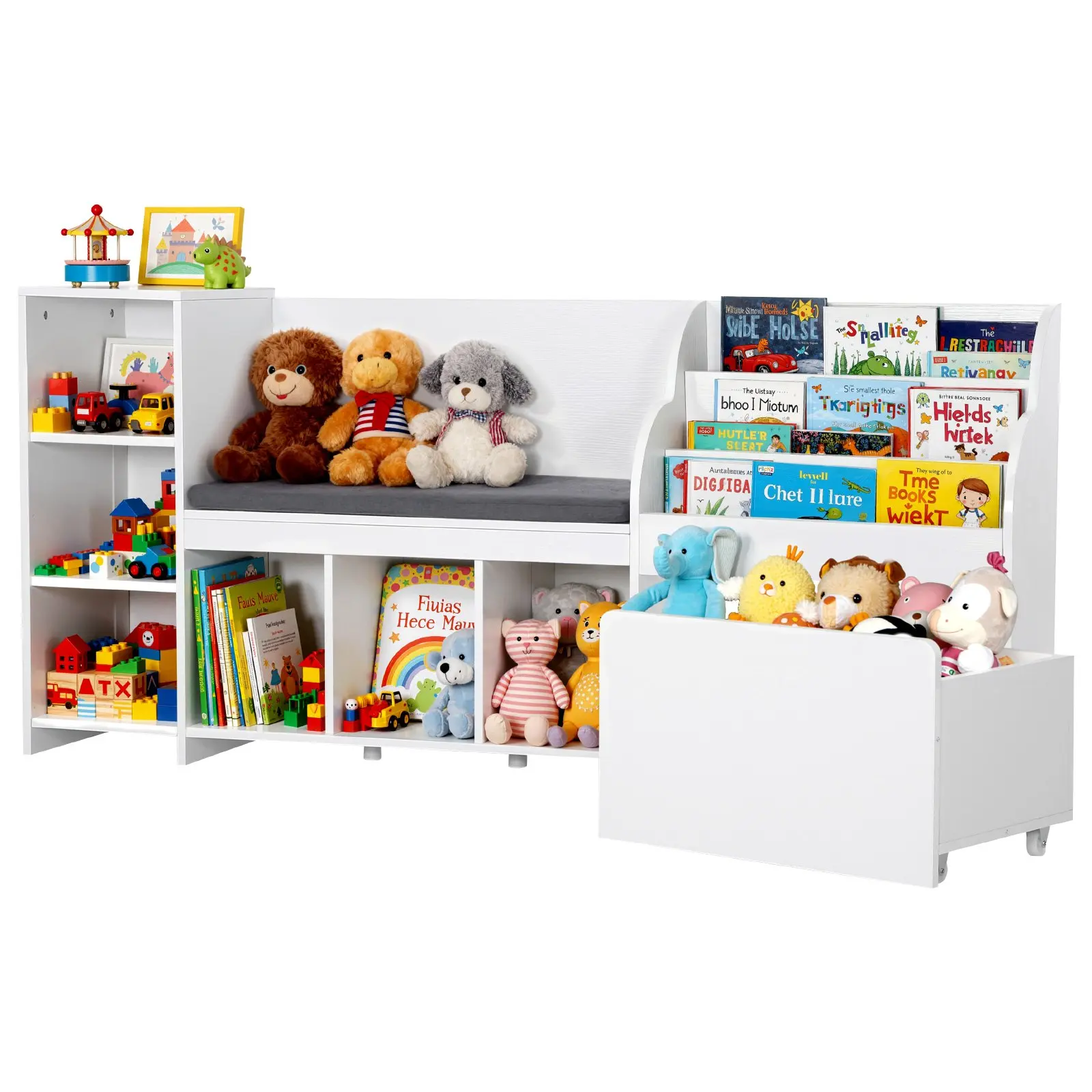 VEVOR Kids Reading Nook, Wooden Storage Bench with Backrest, Kids Bookshelf Toy Organizer, Large Toy Box Chest for Playroom, Living Room or Entryway, Easy Assembly, 66.9x 15.8x 31.5 in, White