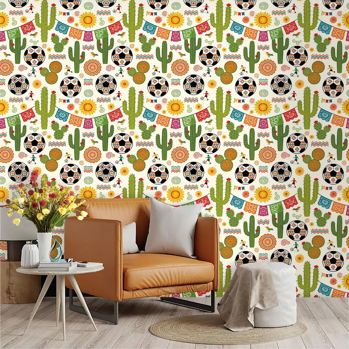Mexican Folk Art Wallpaper Roll, Cream Base, PVC Material, Self-Adhesive, Ideal for Kitchen/living Room/bedroom Decor