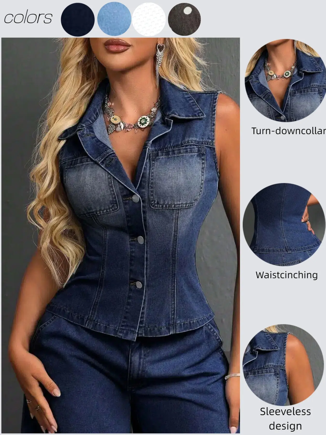 Elegant Fitted Sleeveless Denim Jean Vest for Women, Casual All-Season Wear, Unique Fashion Design, Plain Pattern, with Collar