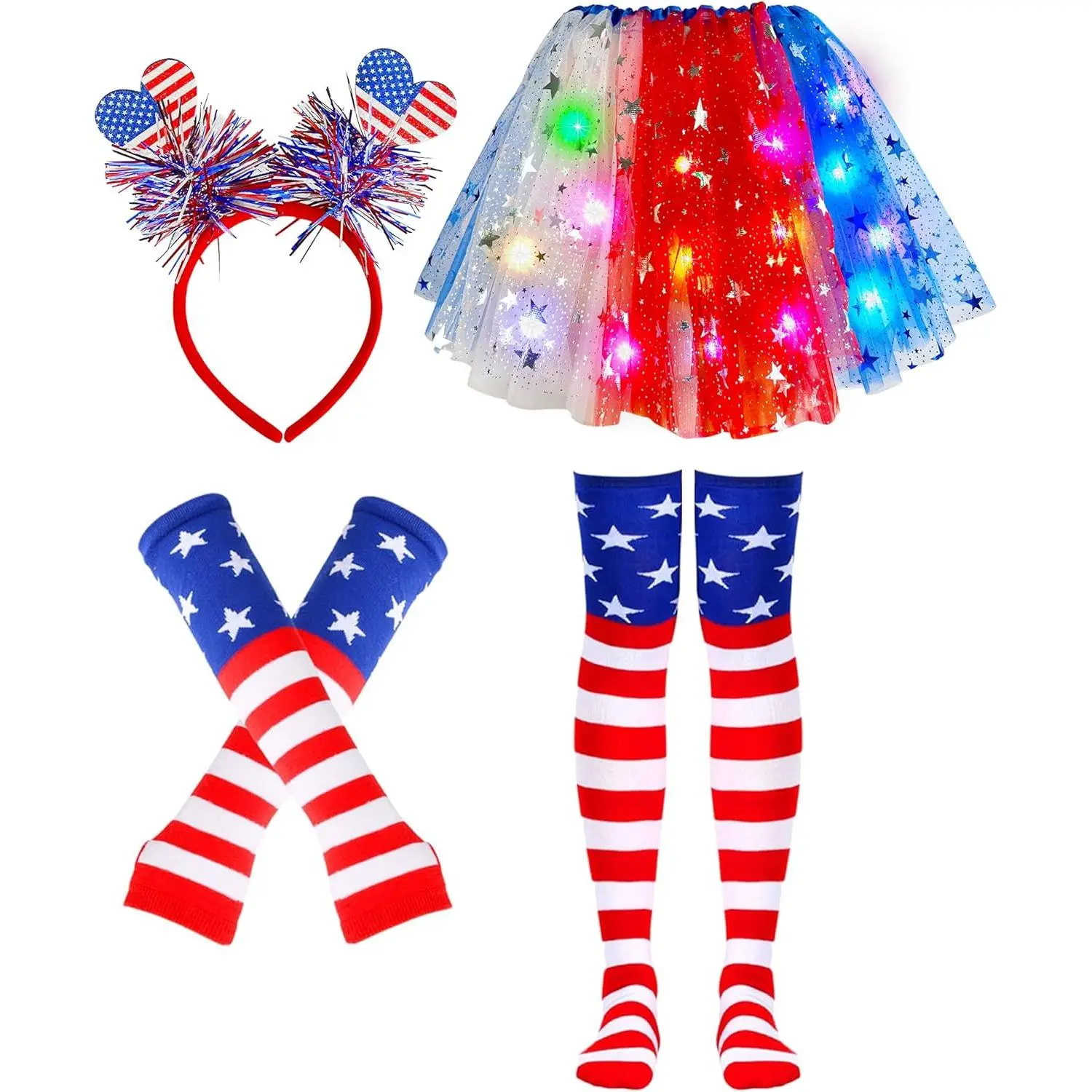 4pcs 4th of July Tutu Set Costume Accessories, Red White and Blue Tutu Light Up Patriotic Stars Skirts for 4th of July Party Halloween Cosplay