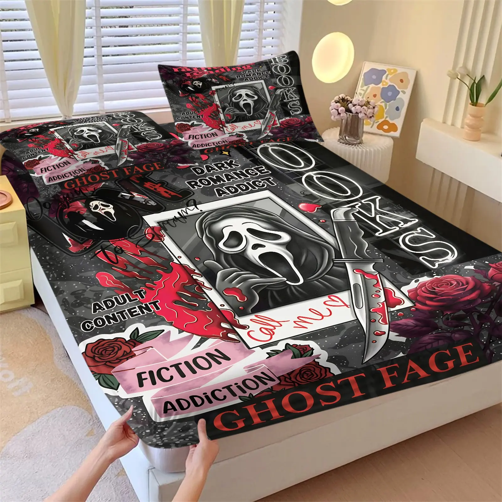 Ghostface Killer Rose Theme Fitted Sheet Set, 1 Bed Sheet + 2 Pillowcases, Dripping Blood Knife Rose Sticker Label Pattern, Soft Non-Slip Deep Pockets, Halloween or Horror Movie Fans Bedroom Dorm Decor