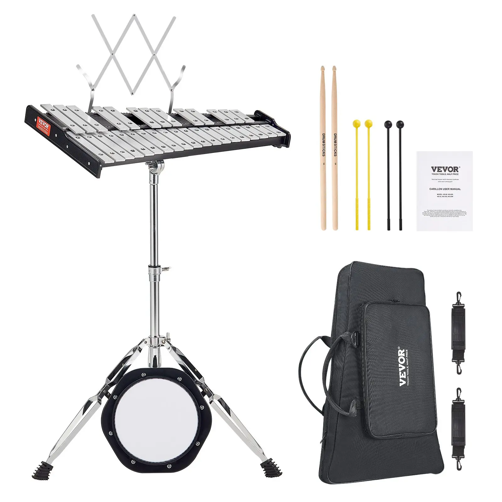 VEVOR Electroplated 32-Note Glockenspiel Xylophone Bell Kit, Professional Percussion Instrument with Mallets, Drum Sticks, Music Stand, 8" Practice Pad, Adjustable Stand, Carrying Bag for Students