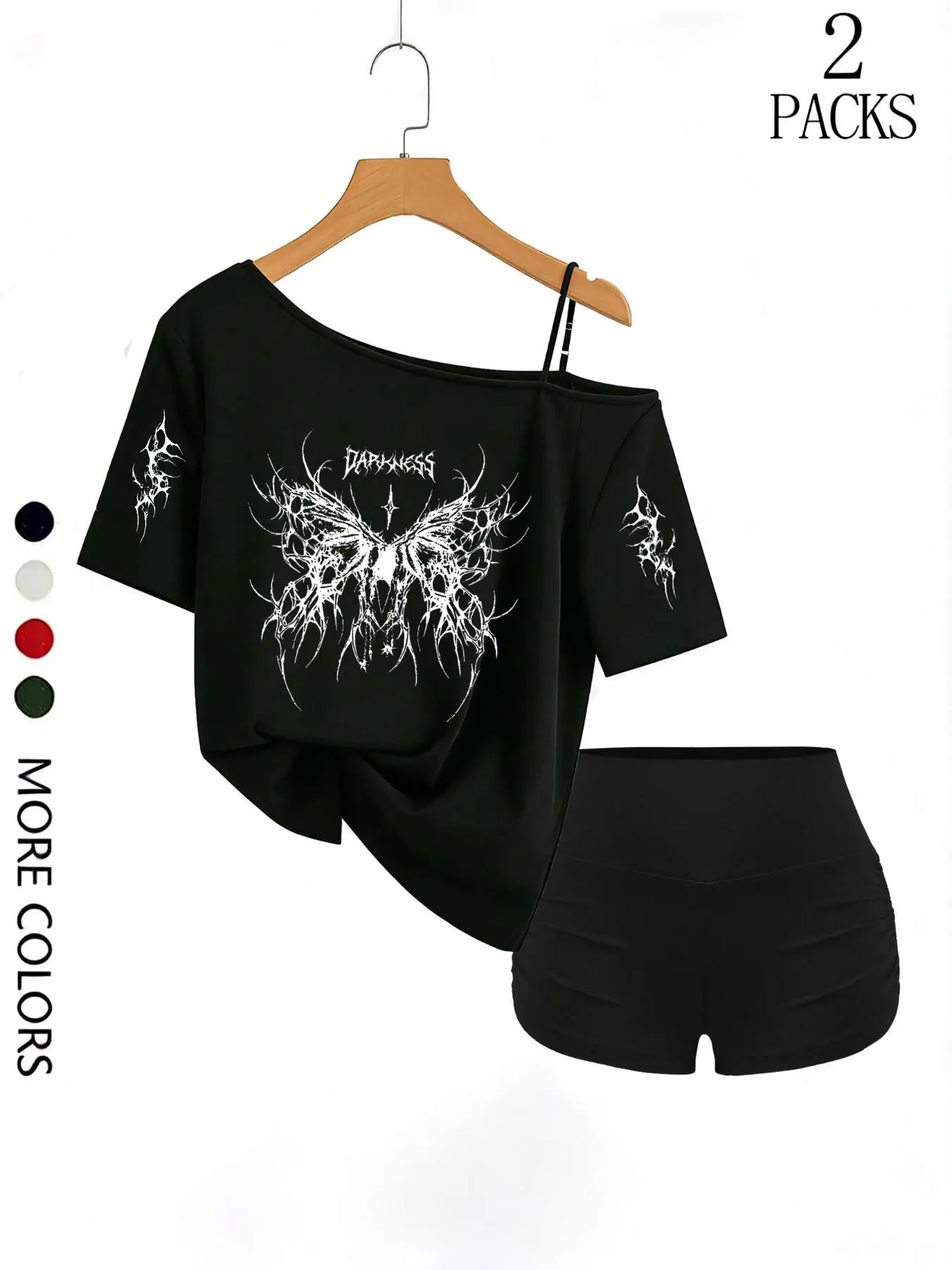 Women's Spring/summer Y2K Grunge 2-Piece Set, Gothic Tree of Life & Moon Phase Print, Off-Shoulder Tee, High-Waisted Shorts, Casual