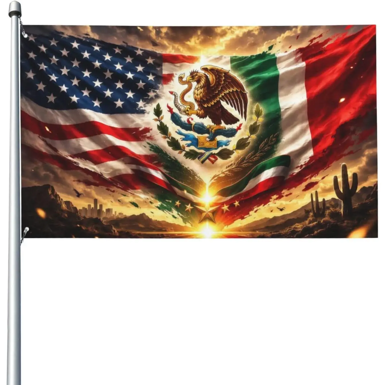 USA Mexico Art Combination Flag Split US Star Stripes Mexican Eagle Coat Of Arms Desert Cactus Sunset Landscape Border Cultural Display Banner