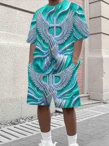 New Religious Prayer Hand Angel Wings Cross Print Men's Short Sleeve Shorts, 3D High-Definition Pattern, Trendy Casual Style
