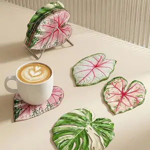 Protect Table Surfaces From Heat Stains & Water Rings | 4Pc Tropical Plant Acrylic Cup Coasters, Waterproof Anti-Slip Reusable Table Mats for Home Dining & Outdoor Activities