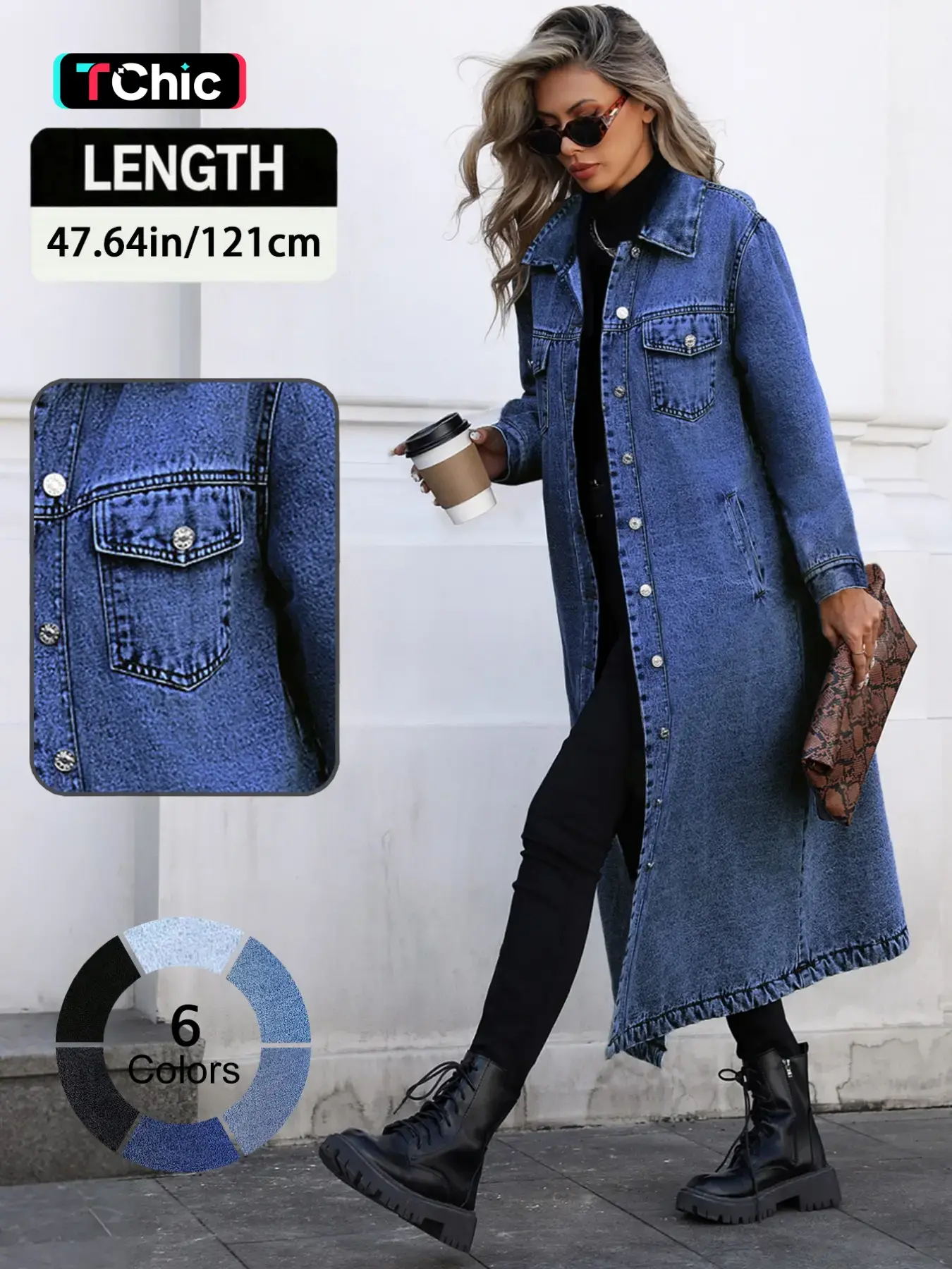 Women's Button Front Denim Coat, Elegant Casual Long Sleeve Denim Jacket for Spring & Fall, Women's Clothing for Daily Wear