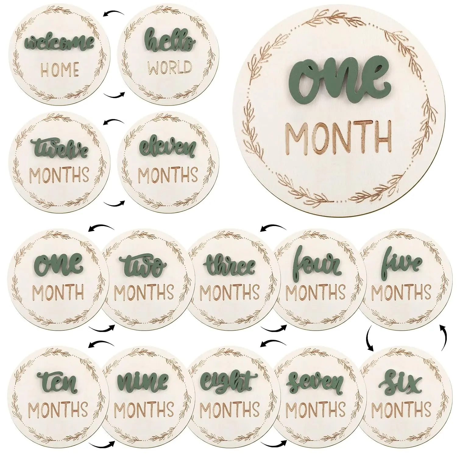 7 Pack  Monthly Milestone Cards Sign, Double Sided  Milestone Signs Wooden Marker Discs for 1-12 Months  Milestone Pictures  Shower Gifts