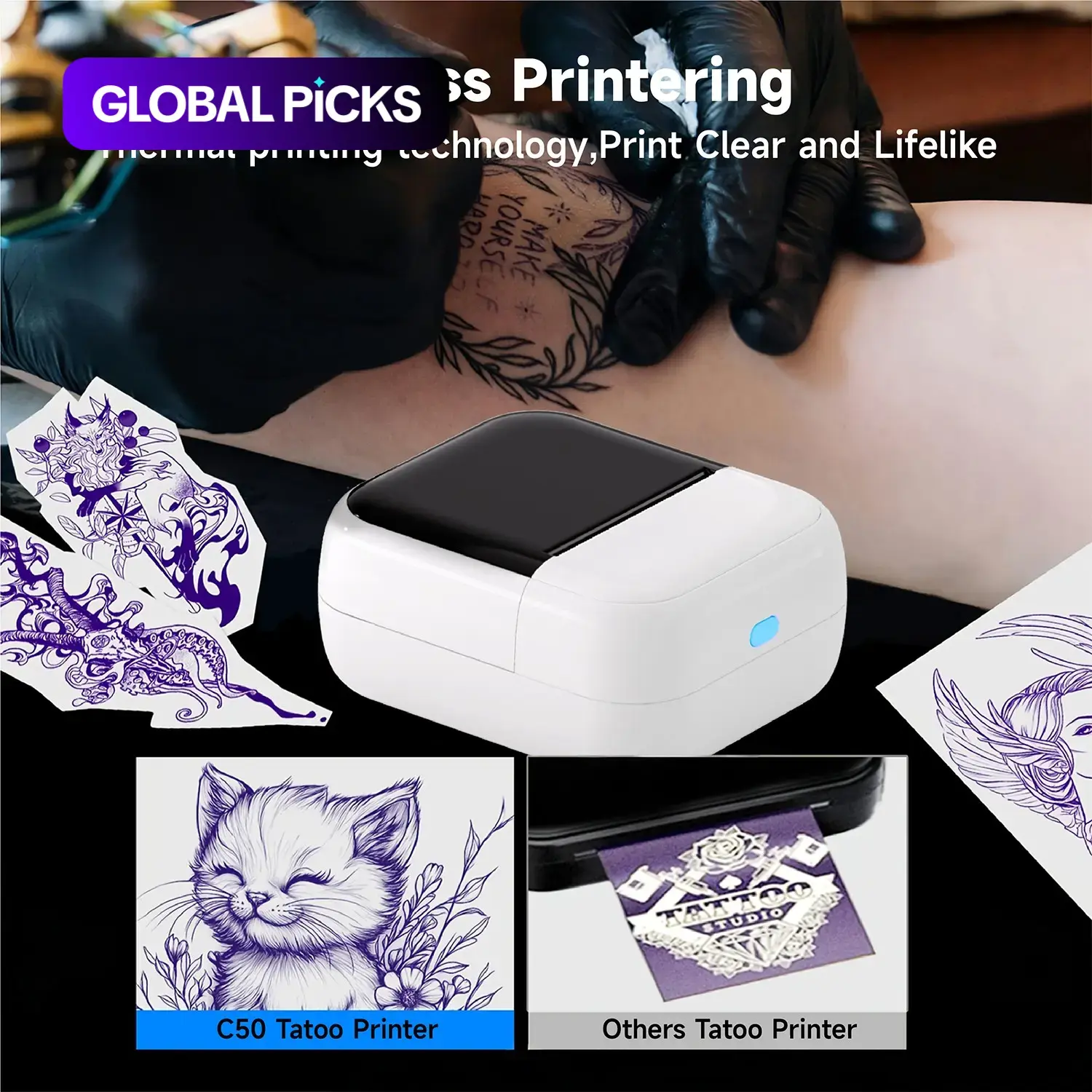 C50 Mini Wireless Tattoo Template Printer, Compatible with Smartphones and Tablets, Portable Tattoo Printer, Compact Lightweight Thermal Tattoo Printer, Ideal for Tattoo Artists and Beginners, Tattoo Stencil Printer #GLOBAL PICKS