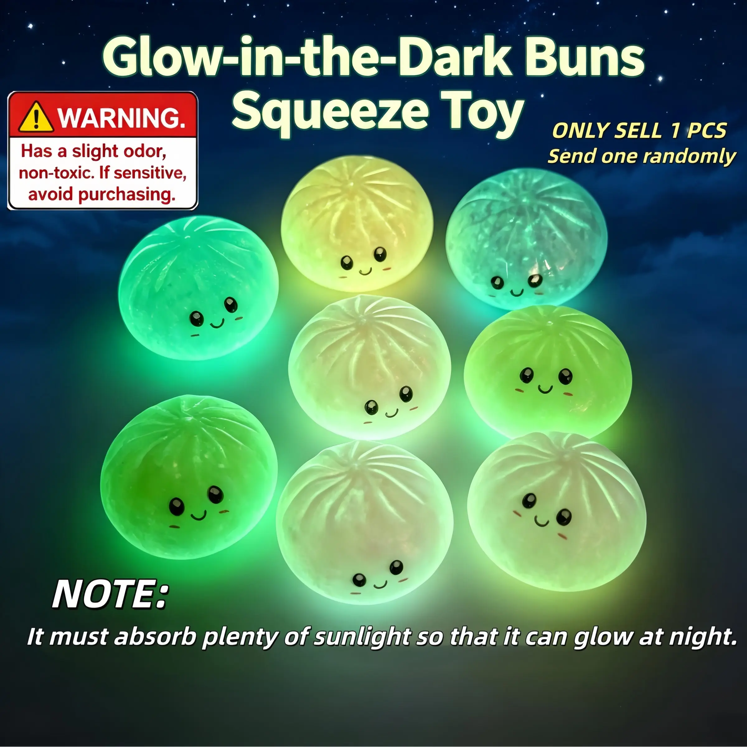 Glow in The Dark Bun Squeeze Toy, Decompression Squeeze, Sun-Activated Luminous Dumpling Squishy, Soft TPR Stress Relief Squish Toy, Surprise Blind Box with Random Color Per Box, Anxiety Relief Fidget Toy for Kids & Adults, Sensory Fidget Squishies