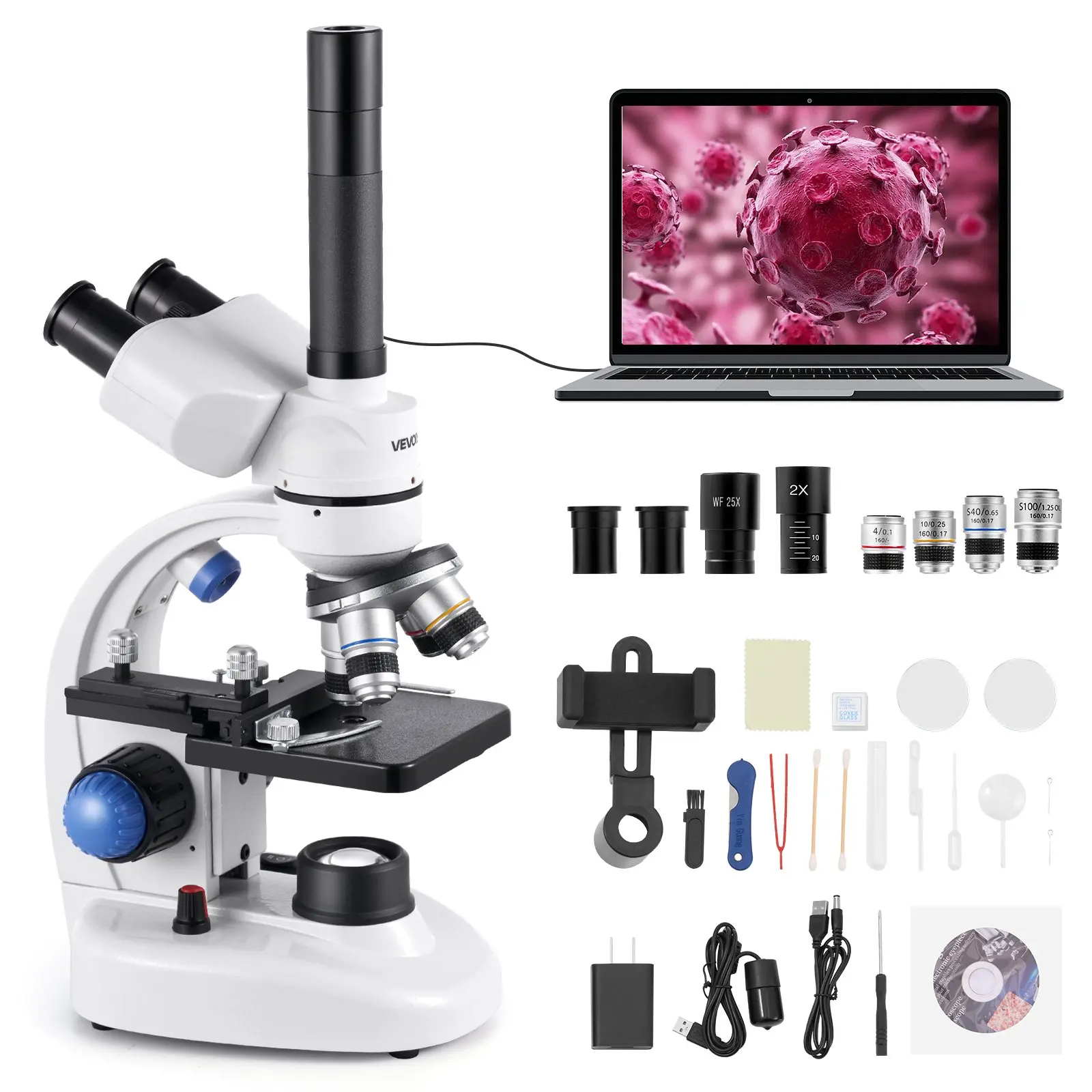 VEVOR H-33A Trinocular Compound Microscope, 40-5000X Zoom, 1.5MP Camera Electronic Eyepiece, Phone Adapter, LED Light, Aluminum Alloy Body, High Magnif., Ultra-Precision Focusing, 140x190x338 mm, for Lab, Home Use, Professional Adult Model, 140X 190X 338,