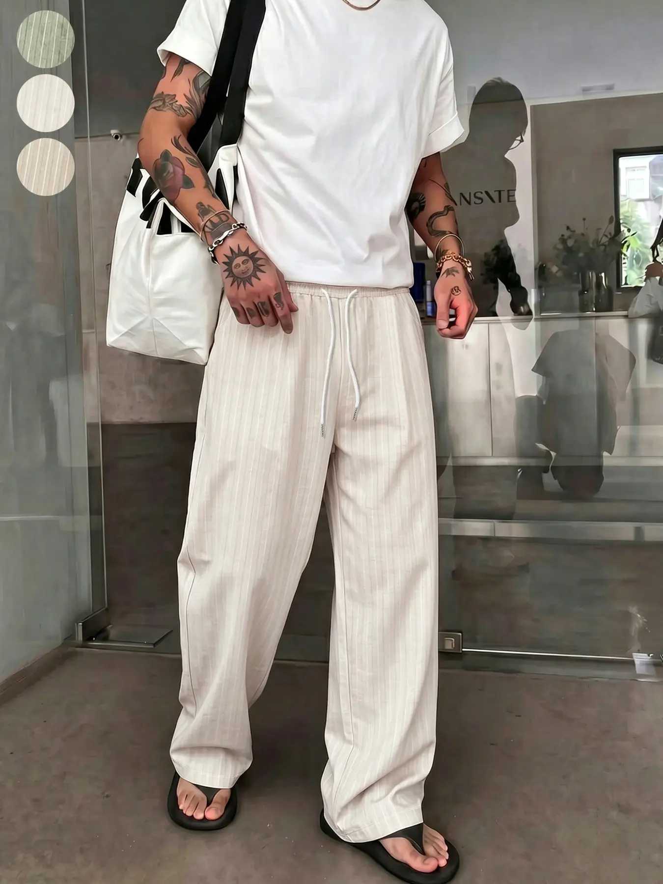 Unisex Japanese Style Striped Linen Blend Wide Leg Pants, Three Colors, Drawstring Waist, Loose Fit, All Seasons, Casual Long Pants