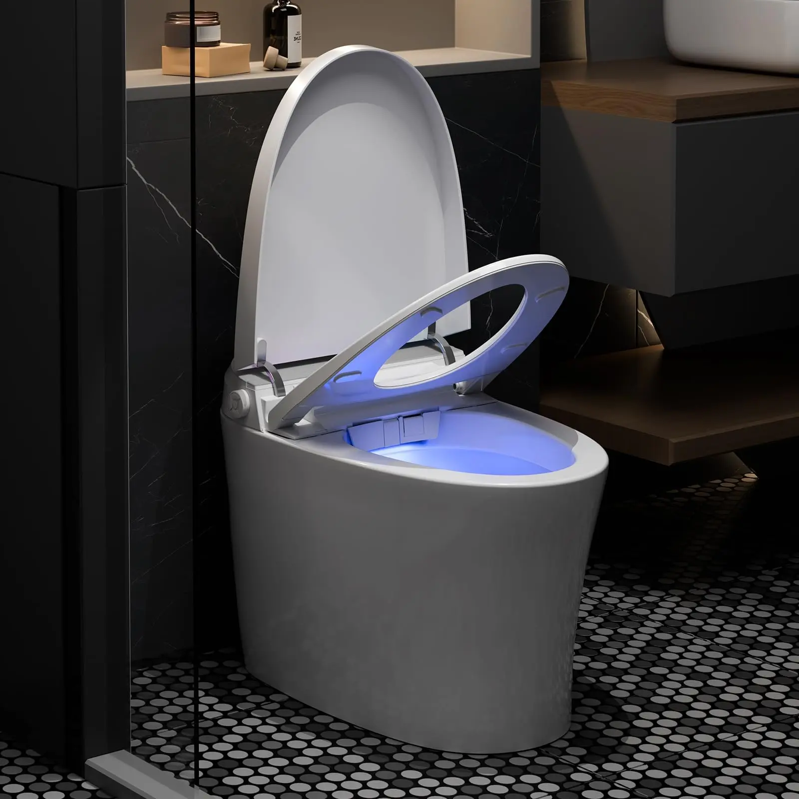 Luxury Smart Bidet Toilet with Instant Warm Water Spray & Warm Air Dryer – Auto Flush, Auto Lid, Foot Sensor Activation, Soft Night Light – One-Piece Ceramic White