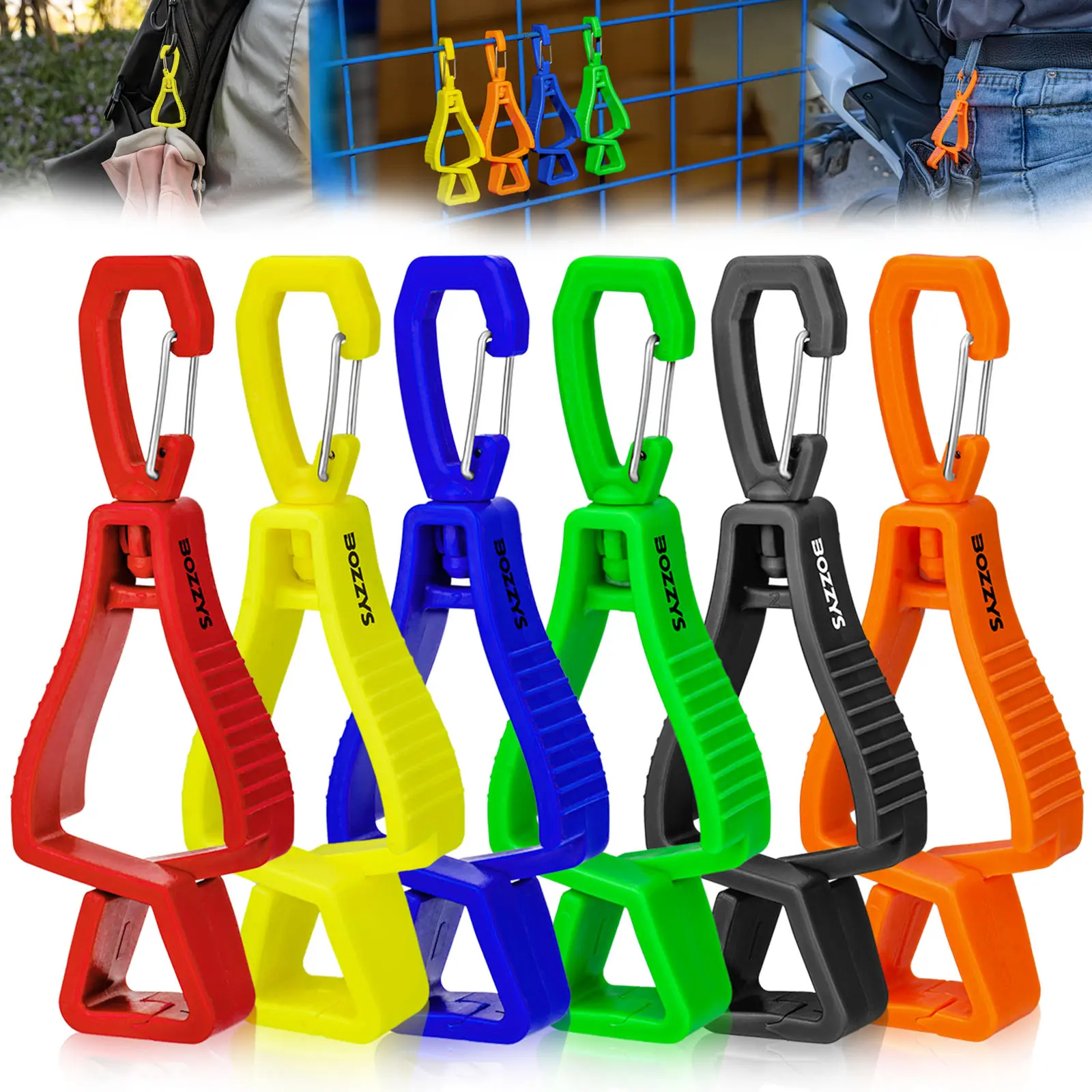 BOZZYS 6PCS Heavy-Duty Safety Glove Clips, 4.17-Inch Rotating Glove Holders with Stainless Steel Buckle, Spring-Closed Hook and Z-Shaped Clamping Jaws, Lightweight Color Assorted Gear Clips for Workers, Mechanics, Warehouses and Construction Sites