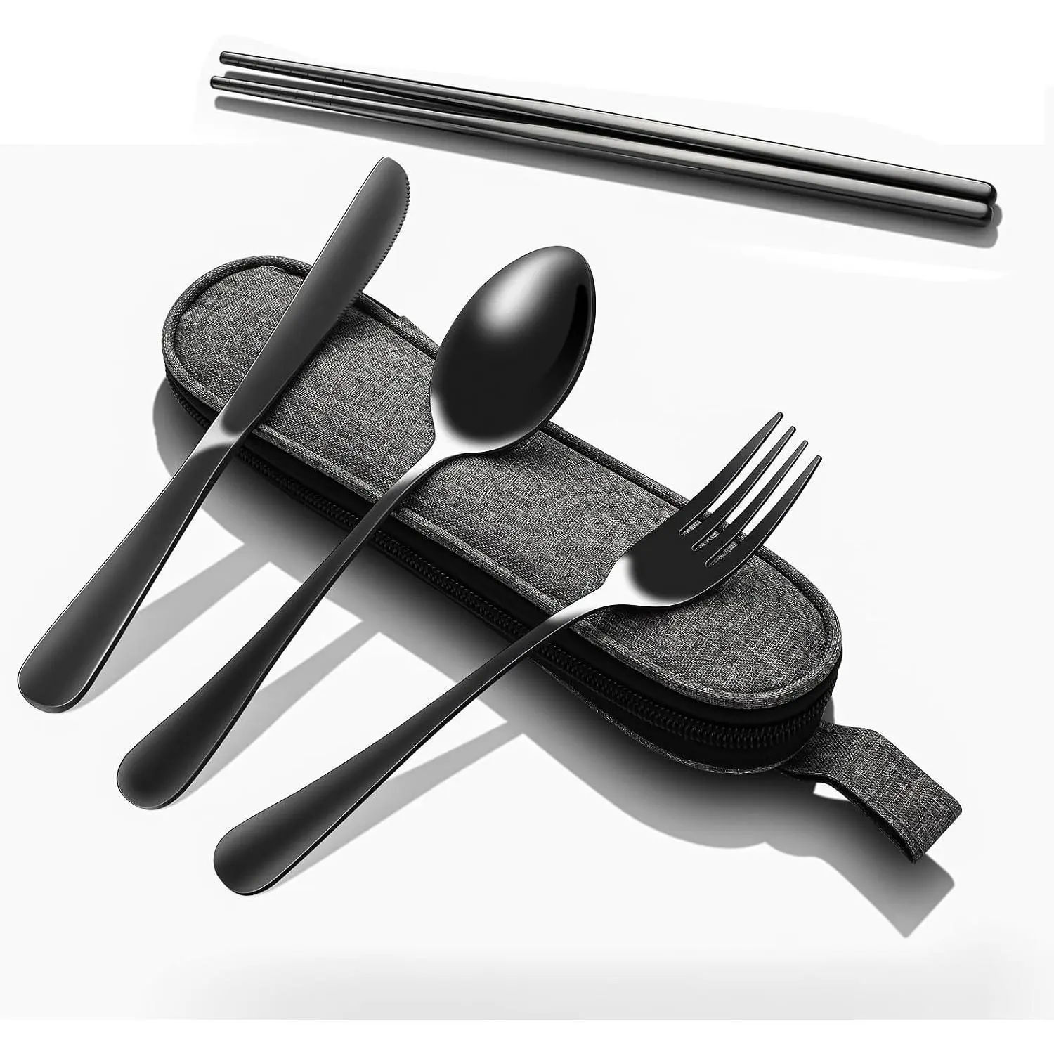 Matte Black 5-Pieces Stainless Steel Unisex Travel Utensil Set with Compact Fit Case - Portable Flatware Includes Fork, Spoon, Chopsticks for Hiking, Outdoor Dining, Daily Use