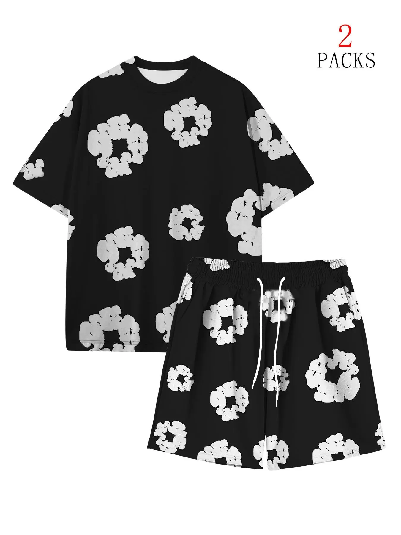 Women's Black Y2K Style Couple Cotton Flower T-Shirt Set, Floral Casual Clothing Set Comfortable Campus Party Simple Loose Fit Short Sleeve Tops All Seasons Clothes Outfit